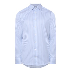 Eton Bengal Stripe Single-Cuff Shirt in teal, cut-away collar, button fastening, long sleeves, curved hemline, slim fit