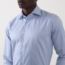 Model wearing Eton Bengal Stripe Single-Cuff Shirt in teal, featuring cut-away collar and classic stripe pattern