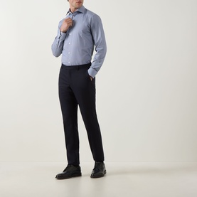 Model wearing Eton Dark Blue Single Cuff Slim formal shirt, styled with navy slim-fit trousers and black leather dress shoes.