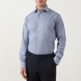 Model wearing Eton Dark Blue Single Cuff Slim formal shirt in cotton, styled with navy trousers