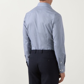 Model wearing Eton Dark Blue Single Cuff Slim formal shirt, rear view, styled with navy trousers. Fine check pattern, 100% cotton.