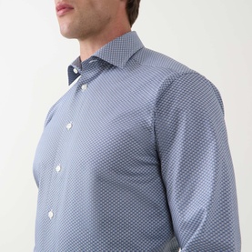 Model wearing Eton Dark Blue Single Cuff Slim formal shirt, close-up showing micro-pattern fabric, spread collar and button placket detail