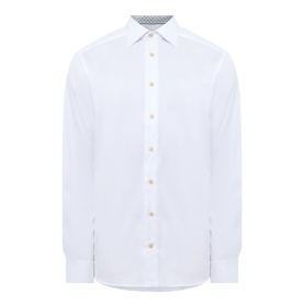 Eton Solid Single-Cuff Shirt in white cotton, cut-away collar, long sleeves, geometric pattern at inner collar, curved hemline
