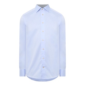 Eton Solid Single-Cuff Shirt in light blue cotton, cut-away collar, long sleeves, curved hemline, geometric pattern at inner collar.