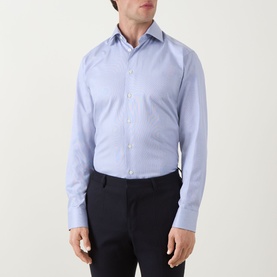 Model wearing Eton Dark Blue Single Cuff Slim formal shirt in 100% cotton, styled with navy trousers