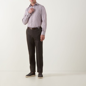 Model wearing Eton Fine Stripe Single Cuff Shirt in dark red with pointed collar, styled with dark trousers and navy shoes.