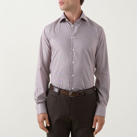 Model wearing Eton Fine Stripe Single Cuff Shirt in dark red, styled with dark brown trousers and a brown leather belt.