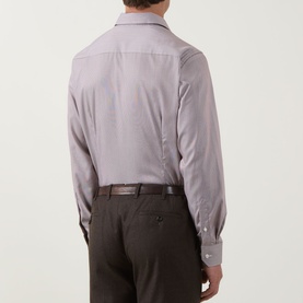 Model wearing Eton Fine Stripe Single Cuff Shirt in Dark Red, back view, styled with dark brown trousers and belt.
