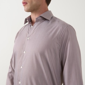 Model wearing Eton Fine Stripe Single Cuff Shirt in dark red, featuring pointed collar, subtle stripe detail and button fastenings