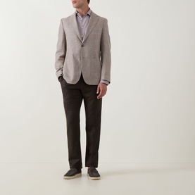 Model wearing Eton Fine Stripe Single Cuff Shirt in dark red, styled with a light grey blazer and dark brown trousers.