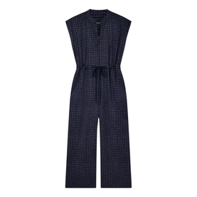 WHISTLES Grid Check Drawstring Jumpsuit in navy blue grid check print &ndash; front view, sleeveless with V-neckline and drawstring waist, wide-leg trousers, product shot on white background