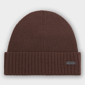 Hugo Boss dark brown virgin wool beanie with ribbed cuff and small branded metal label patch.