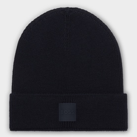 Hugo Boss navy wool-blend beanie with ribbed knit texture, wide folded cuff, and tonal logo patch