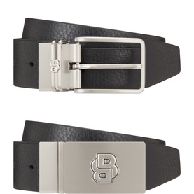 Hugo Boss black leather belt gift set with silver-tone pin buckle and logo plaque buckle, shown as two reversible styles