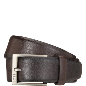 Hugo Boss dark brown leather belt with silver-tone buckle engraved with BOSS branding
