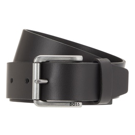 Hugo Boss Joris Leather Logo Belt in black with silver-toned buckle and embossed BOSS logo branding