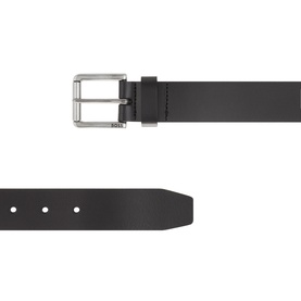 Hugo Boss Joris Leather Logo Belt in black with silver-toned buckle and embossed logo branding, smooth leather texture