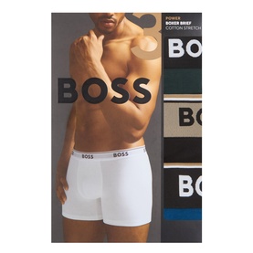 Model wearing Hugo Boss Power Boxer Brief Cotton Stretch 3-pack in dark green, black and white with branded elasticated waistbands
