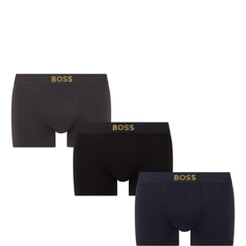 Hugo Boss Three-Pack Gold Logo Boxers in navy, black and charcoal with gold BOSS logo elasticated waistbands