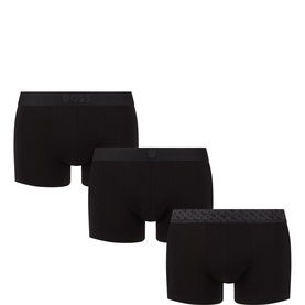 Hugo Boss Three-Pack Tonal Logo Boxers in black, elasticated logo waistband, one with geometric pattern waistband