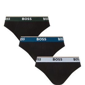 Hugo Boss black cotton briefs 3-pack with branded waistbands in green, blue, and white, laid flat showing all three pairs