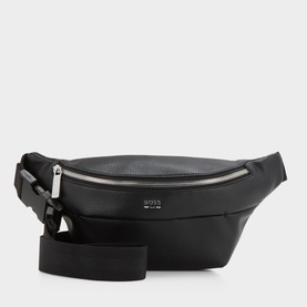 Hugo Boss black faux leather bum bag with silver-tone zip, front zip pocket, and adjustable crossbody strap
