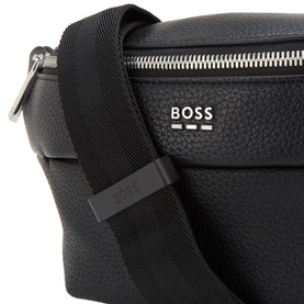 Hugo Boss faux leather bum bag in black, with silver-tone zip and hardware, embossed logo patch, and wide black webbing strap.