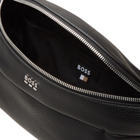 Hugo Boss black faux leather bum bag, open top view showing branded interior lining, silver-tone zip and logo hardware