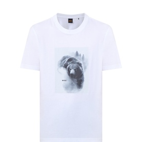 Hugo Boss Orange natural white crew neck T-shirt with large faded bear graphic print on chest, 100% cotton