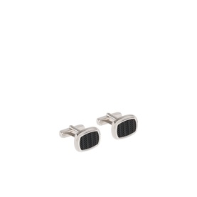 Hugo Boss Casing-Insert Logo Square Cufflinks in silver-tone brass with black herringbone enamel centre insert and T-bar fitting