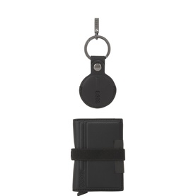 Hugo Boss black gift set with slim cardholder wallet and round AirTag keyring fob, silver-tone hardware