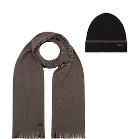 Hugo Boss black beanie hat and brown houndstooth fringe scarf gift set, displayed together on white background.