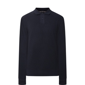 Hugo Boss Orange dark blue long-sleeve wool-cotton polo shirt with ribbed collar and three-button placket, flat lay