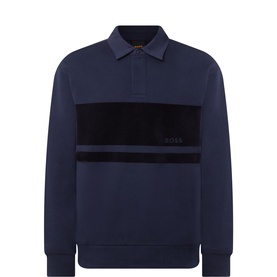 Hugo Boss Orange dark blue long-sleeve polo with velvet chest stripe panel and ribbed cuffs, collared neckline with zip placket