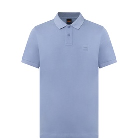 Hugo Boss Orange medium blue cotton polo shirt with tonal logo patch, ribbed collar and short sleeves, laid flat