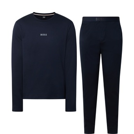 Hugo Boss Dark Blue cotton pyjamas set with long-sleeve top featuring logo print and tapered trousers with elasticated waistband