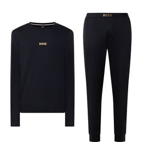 Hugo Boss Logo Long-Sleeved Top & Bottoms Pyjama Gift Set in black with gold logo detail on chest and elasticated waistband
