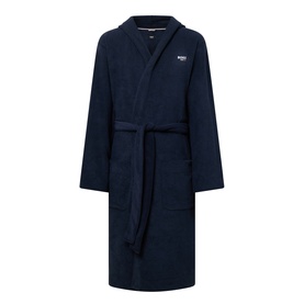 Hugo Boss Logo Fleece Belted Robe in dark blue, wrap front with self-tie belt, embroidered chest logo and two patch pockets