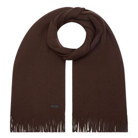 Hugo Boss Albas Logo Fringed Scarf in dark brown virgin wool, oblong shape with fringed edges and metal logo plaque