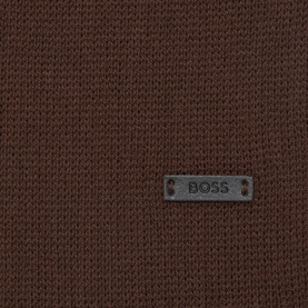 Hugo Boss Albas Logo Fringed Scarf in dark brown knitted virgin wool, close-up showing metal BOSS logo plaque detail