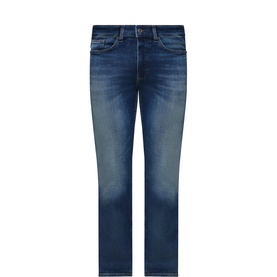 Hugo Boss Orange Delaware BO Slim-Leg Jeans in navy, washed denim, five-pocket styling, slim fit with clean hems