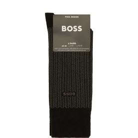 Hugo Boss Paul Design black herringbone socks 2-pair pack, folded and packaged with branded card header.