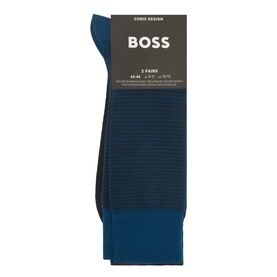 Hugo Boss Two-Pack Striped Logo Socks in blue, crew-style with ribbed cuffs, striped pattern and BOSS logo branding