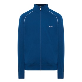 Hugo Boss turquoise zip-through sweatshirt with contrast piping, ribbed hem and cuffs, and embroidered BOSS logo