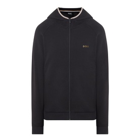Hugo Boss black zip-through hoodie with gold logo embroidery and striped hood trim, cotton-blend lounge top