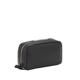 Hugo Boss black wash bag in faux leather with silver-tone zip, compact rectangular shape with wrist strap