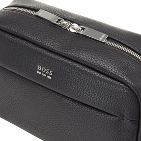 Hugo Boss black wash bag in grained faux leather with silver-tone zip and logo badge, front slip pocket visible