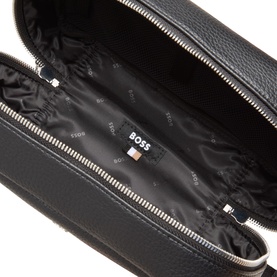 Hugo Boss black wash bag open interior view, showing branded monogram lining and silver zip fastening detail