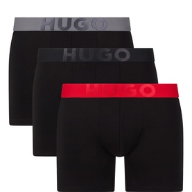 Hugo Boxers 3-Pack in black with branded elasticated waistbands in grey, dark grey and red, 95% cotton
