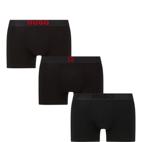 Hugo Boxers 3-Pack in black with red logo waistbands, cotton-blend trunks shown as a stacked trio